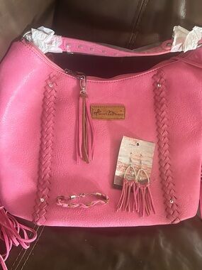 Montana West Hot Pink Braided Tassel Shoulder Bag w/earrings & Bracelet